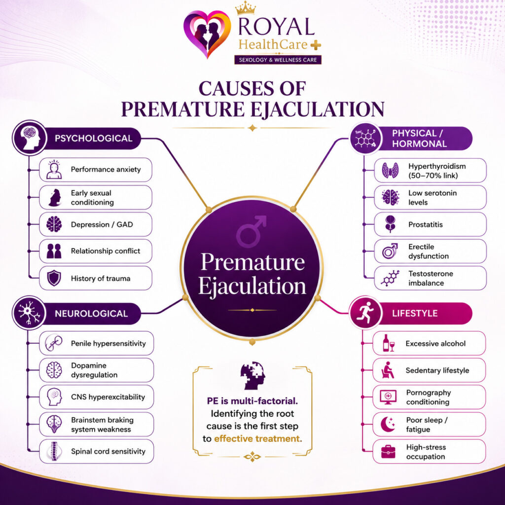 Infographic showing the causes of premature ejaculation, including psychological, neurological, hormonal, and lifestyle factors.